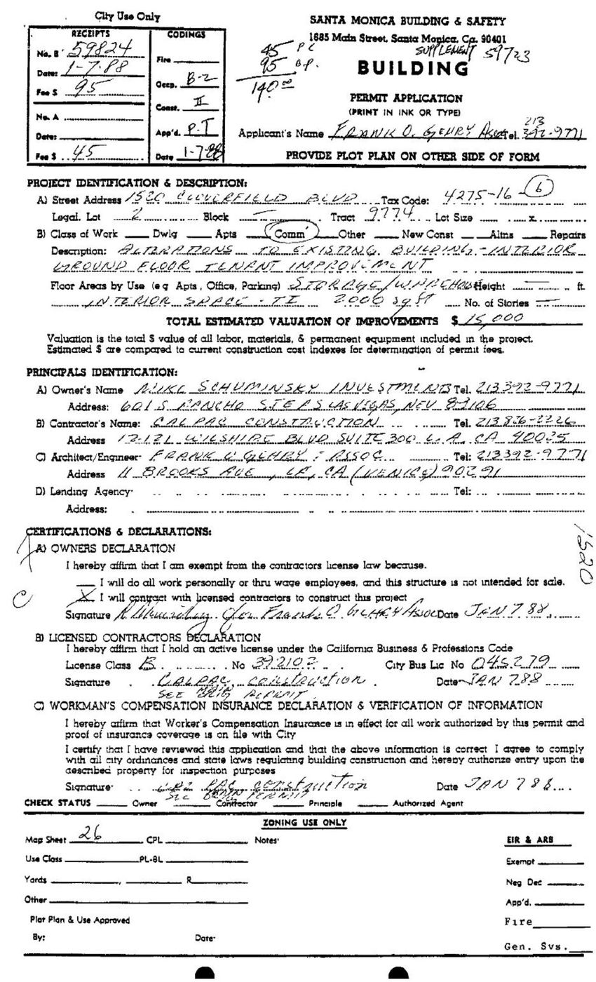 1987 permit 59723, Gehry's own office-alteration filing